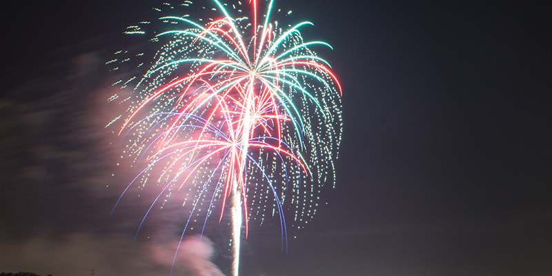 Fireworks light up the Kansas City skyline during Fourth of July celebrations.