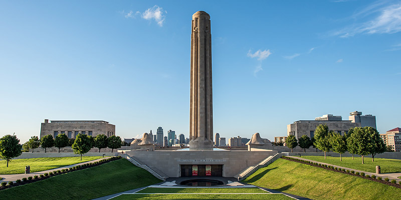 The entrance to the National WWI Museum and Memorial, a central location for Fourth of July festivities in Kansas City.