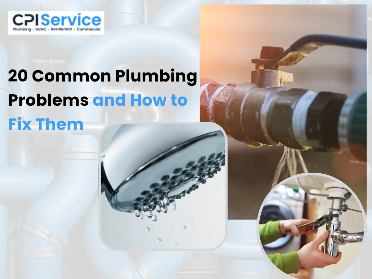 Illustration of common plumbing problems including leaks and fixes.
