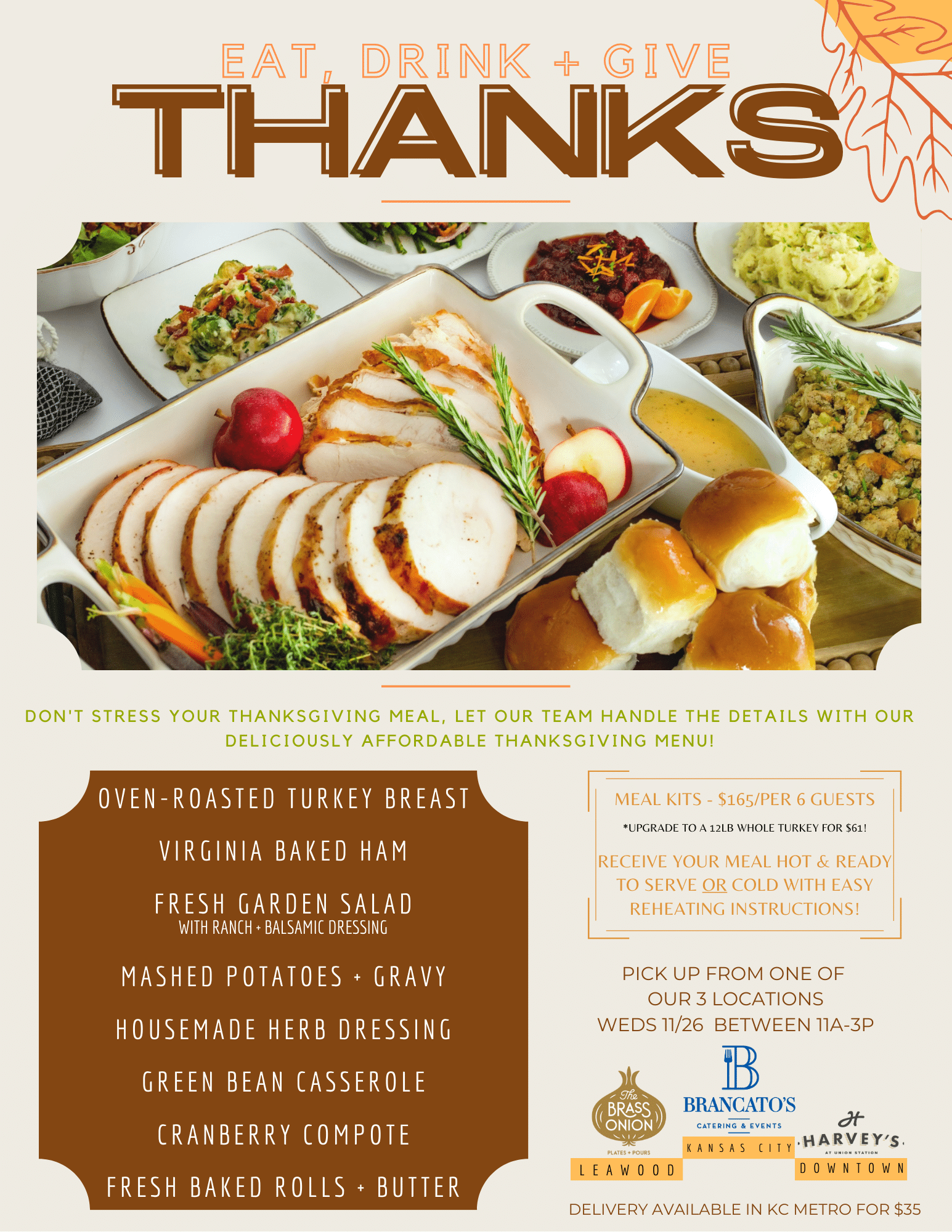 The Brass Onion in Overland Park offers festive options for neighborhood Thanksgiving gatherings.